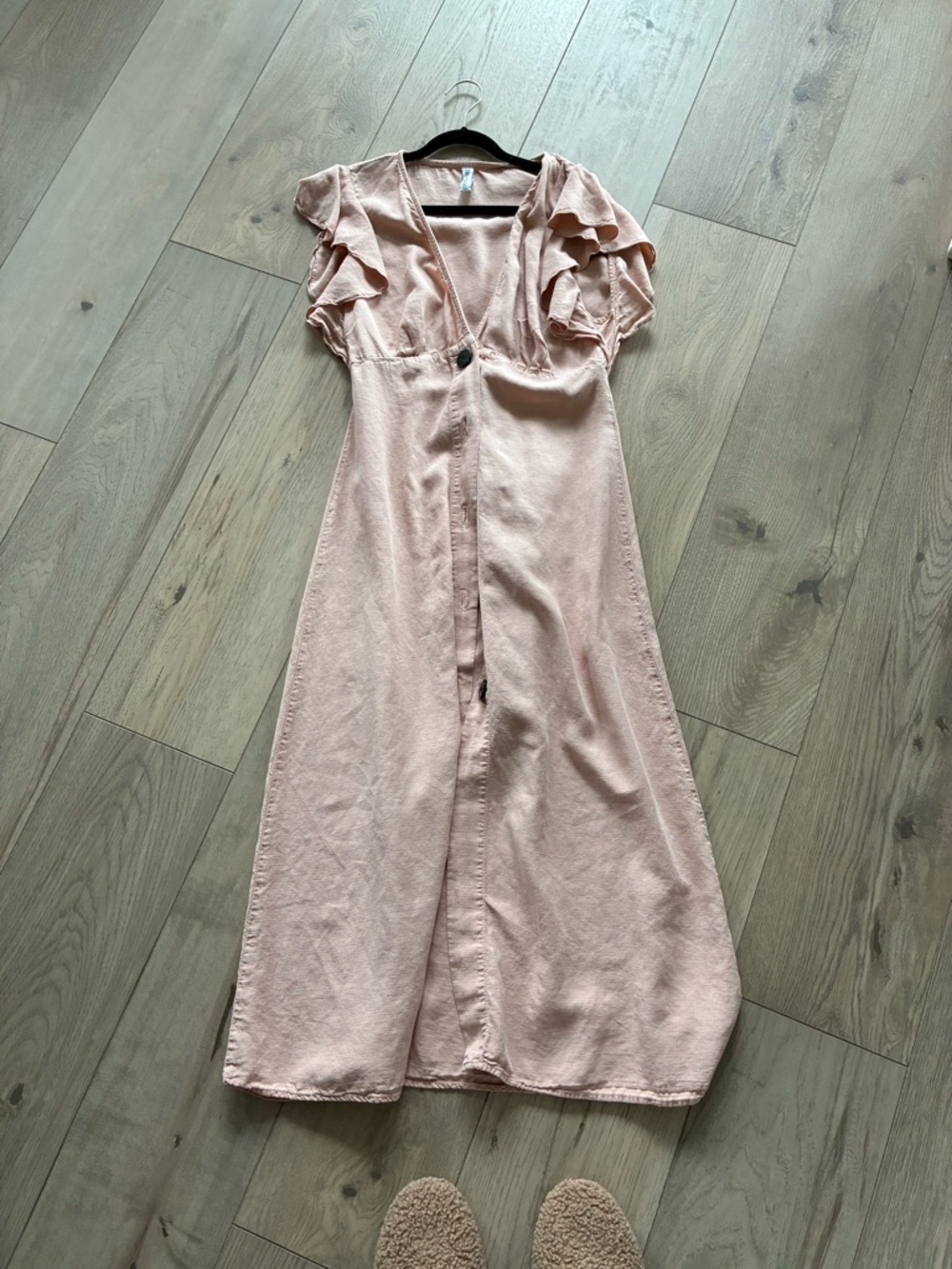 Zara Blush Pink linen Midi Dress with Ruffle Sleeves